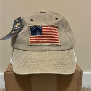 Chevrolet Beige Cap with American Flag Patch.  OS Adjustable Strap.  NWT
